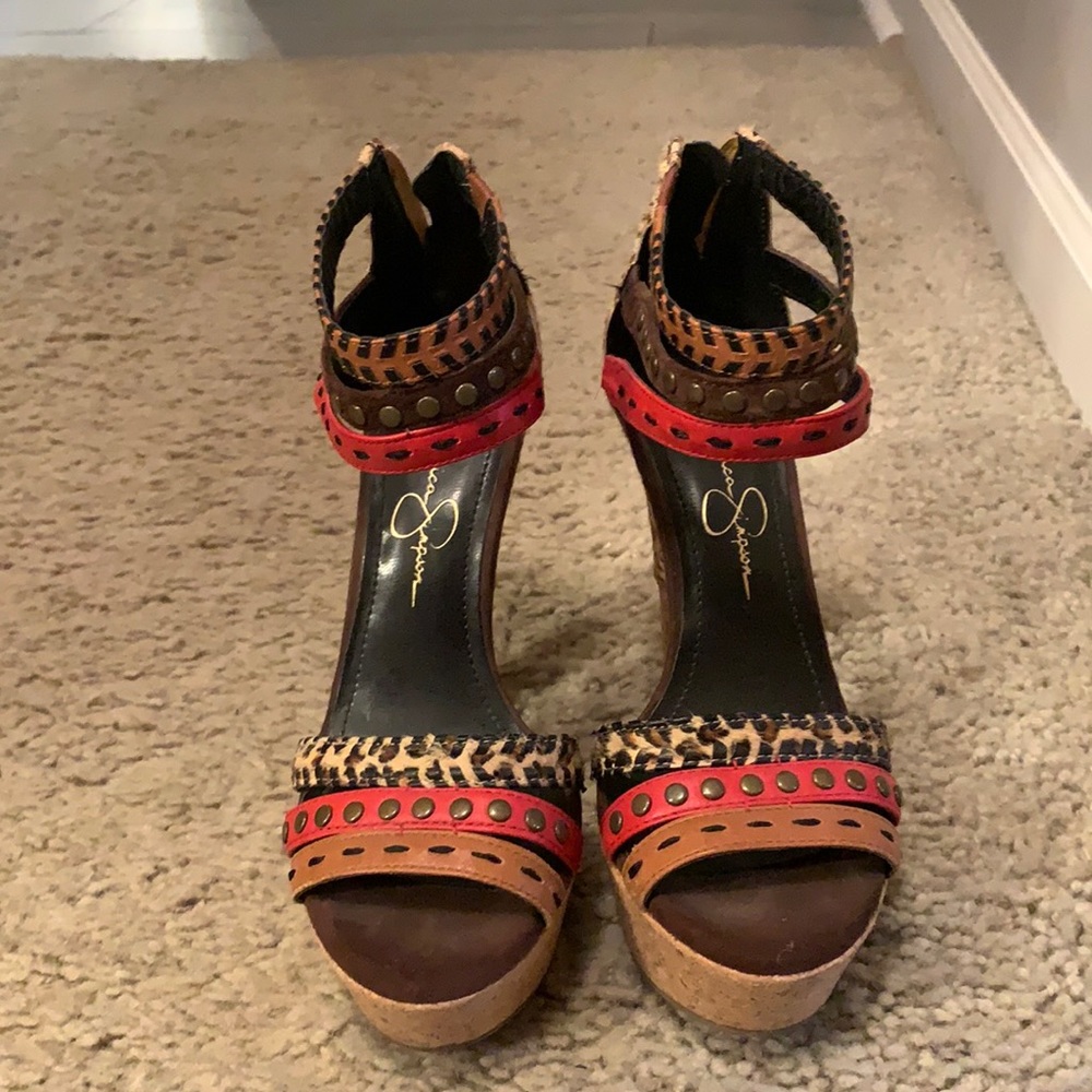 Jessica Simpson cheetah print, red, brown heels